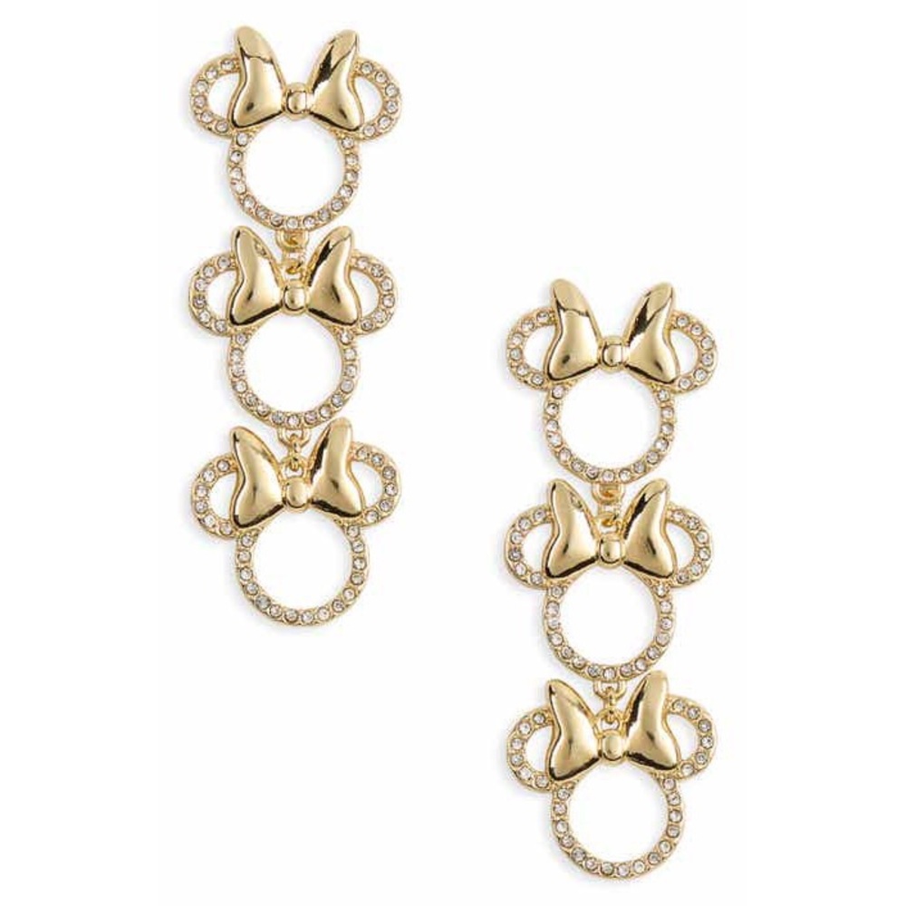 DISNEY X BAUBLEBAR Minnie Mouse Rhinestone Gold Tone 3 Tier Drop Earrings NIB